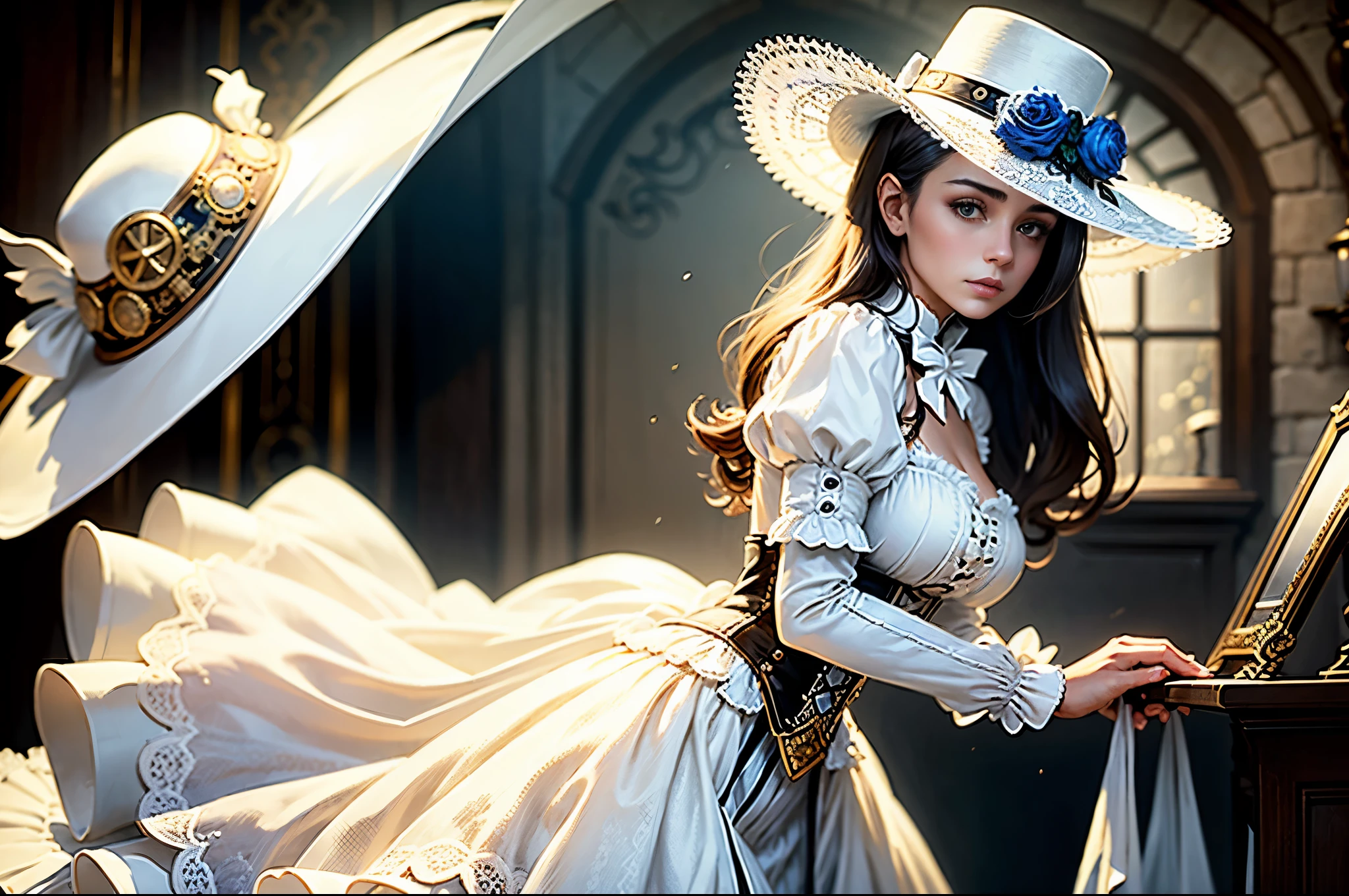 All intricate details: "(21 year old woman in white Victorian hat: de Copa Steampunk)"