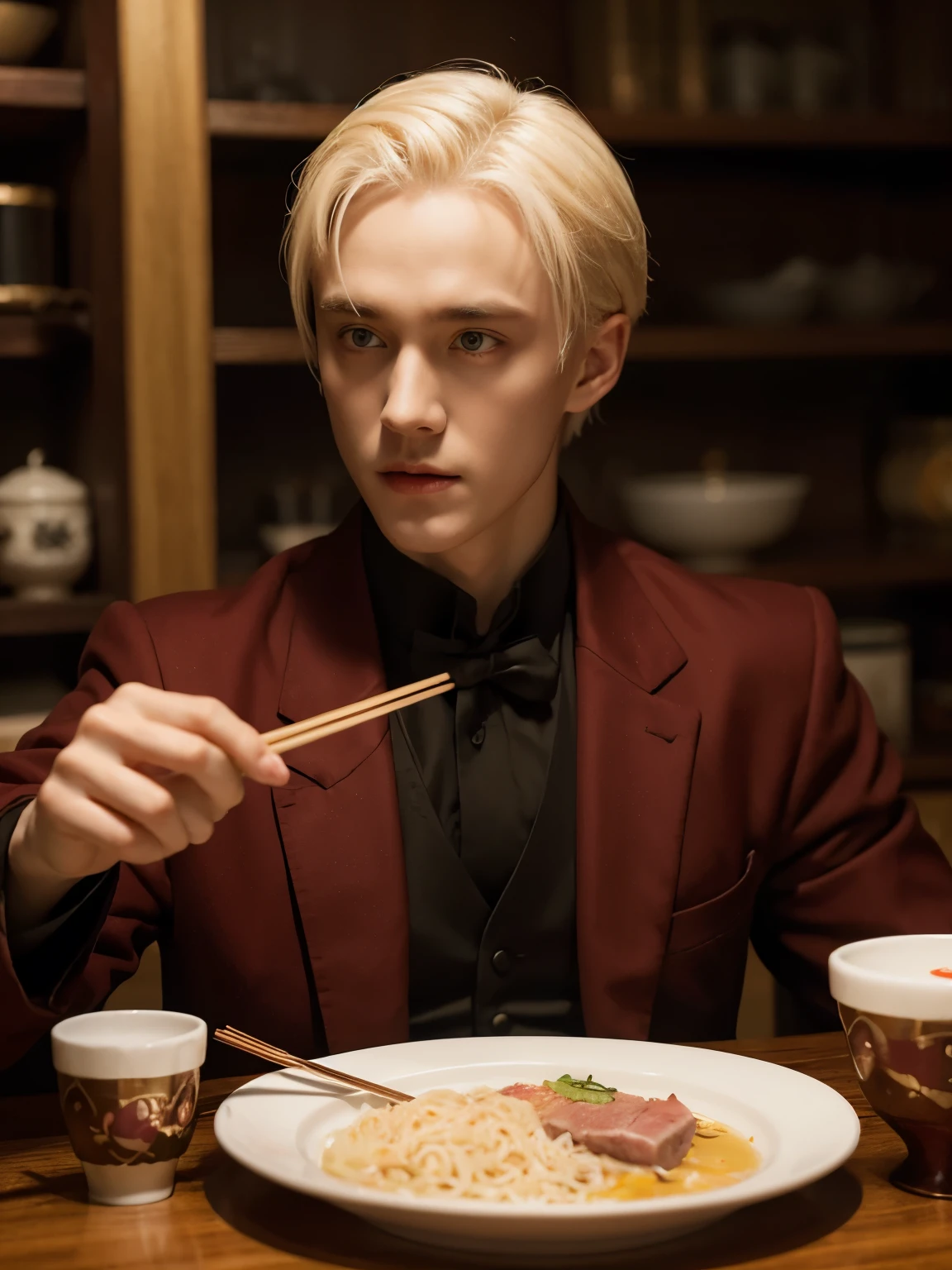 Draco Malfoy eats expensive instant noodles,Chopsticks,Large plate of meat,grace,Exquisite,meticulous portrait