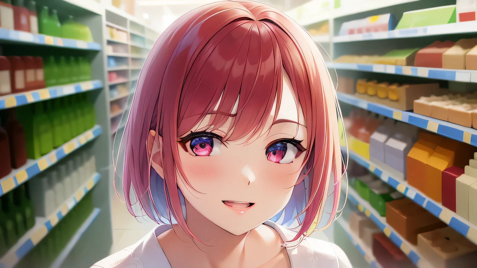 dutch angle、Realistic, real person, RAW photo, photorealistic, portrait photography, shiny skin, japanese idol, 25 year old woman、(bob cut hair) and (wine red hair) and (wine red eyes), wearing a white blouse、smiling、open mouth, blush, Supermarket background、Alone、Staring,