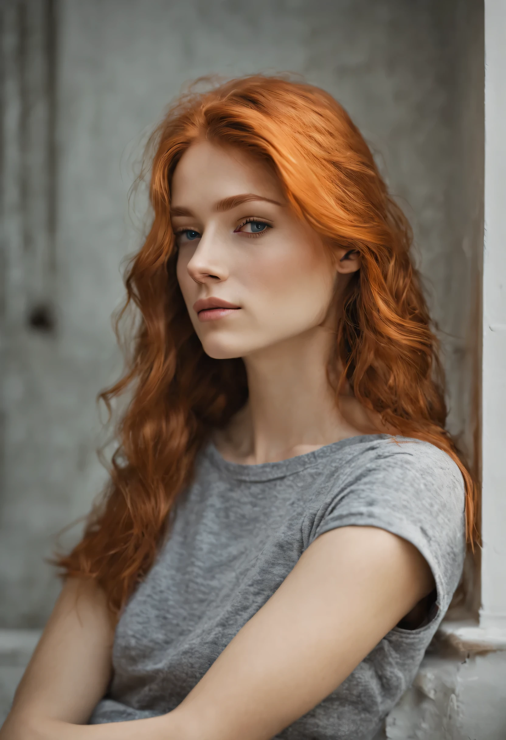 1 fille dans, 19 ans, seulement, Oeuvre esthétique, rousse irlandaise, cheveux roux ondulés, cheveux roux mi-longs, yeux gris, yeux gris clair, quelques petites taches de rousseur, peau pâle, une tasse, petits seins, corps des coureurs, photo de tout le corps, (peau texturée, pores de la peau:1.1), (Taupes:0.8), peau imparfaite, chair de poule, dans une cuisine en regardant par la fenêtre, café, (triste:1.3), pleurs, expression déprimée, faire la moue, fermer, (fond d'écran 8K extrêmement détaillé), Éclairage doux, haute qualité, grain de film, Mise au point nette du Fujifilm XT3, F5.6, 50mm, détail élevé, Netteté,(Lumière naturelle), (séduisant), t-shirt bleu fin, réaliste, ultra réaliste, photo réaliste, Détails fous, détails complexes, hyper détaillé,