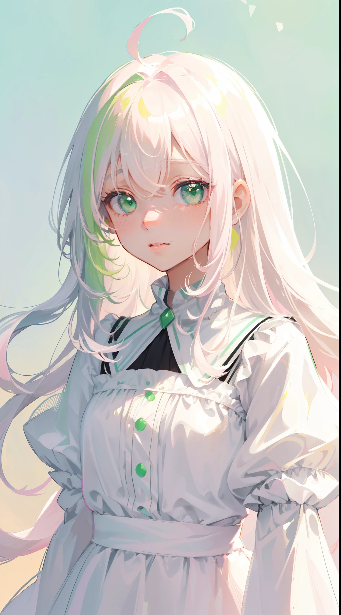 (drawing sketch), girl, close-up, (light skin), green eyes, (closed bangs on one eye: 1,2), (pink cheeks), (cute), small smile, (white hair: 1, 3), (medium hair), (green gradient hair), (gradient loose hair: 1,3), (black dress), (white background),