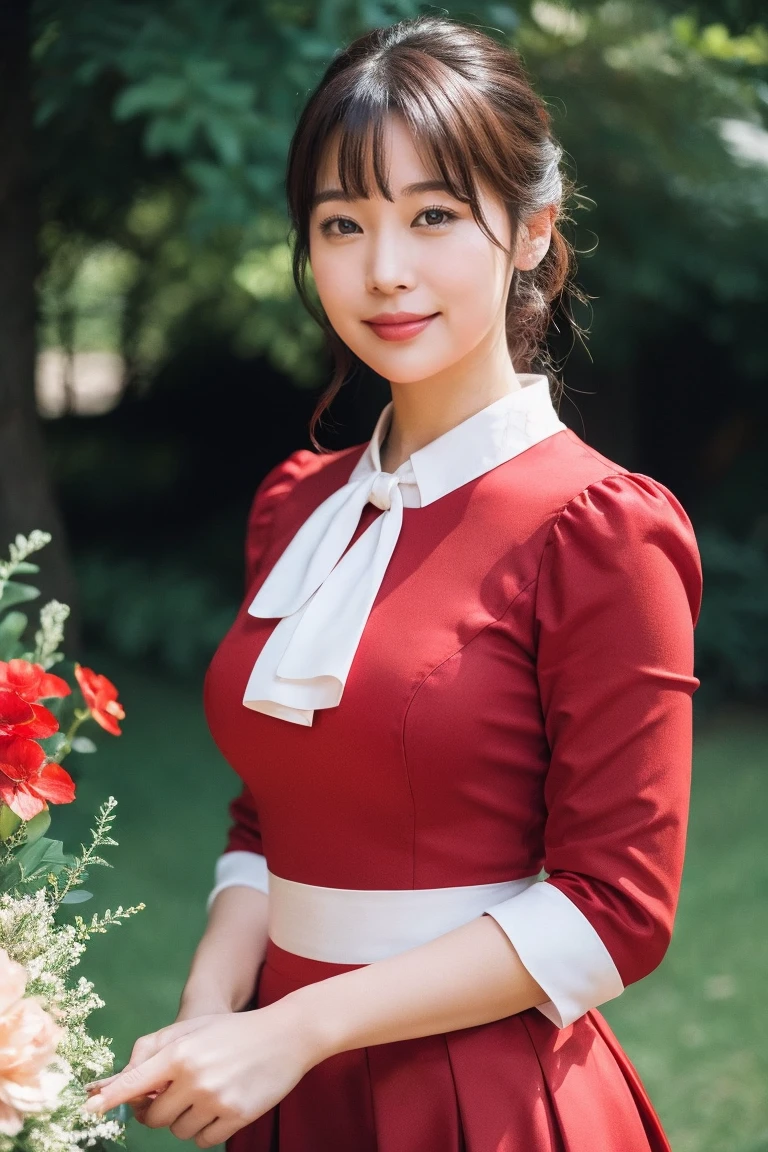 Medium view, medium shot, Depth of bounds written, bust, Upper body, cinematic angle, masterpiece, highest quality, Super detailed, cg, 8k wallpaper, beautiful face, delicate eyes, maiden, alone, smile, bangs, skirt, shirt, have, Crimson dress, bow, petal, bouquet