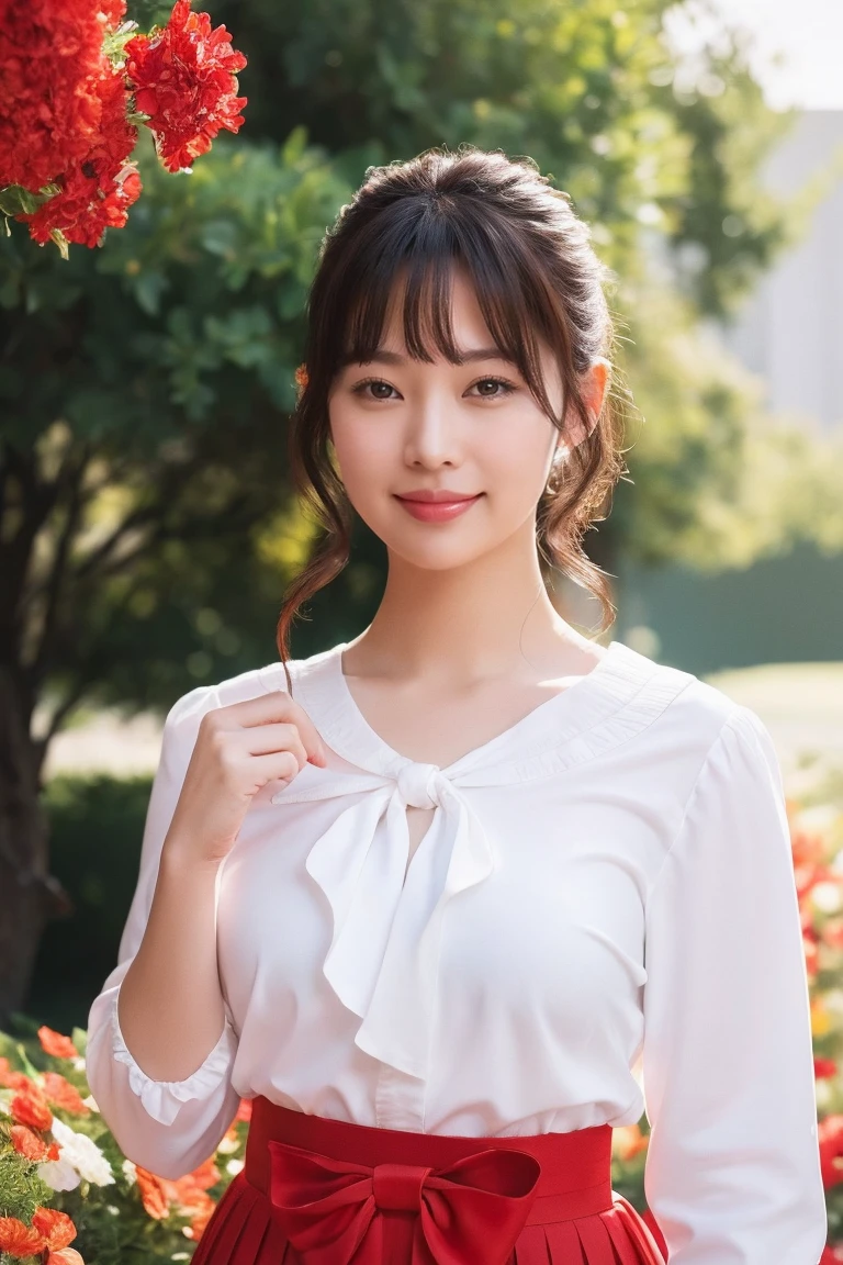 Medium view, medium shot, Depth of bounds written, bust, Upper body, cinematic angle, masterpiece, highest quality, Super detailed, cg, 8k wallpaper, beautiful face, delicate eyes, maiden, alone, smile, bangs, skirt, shirt, have, Crimson dress, bow, petal, bouquet