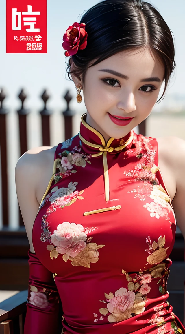 1girll,Upper body,fashi-girl,china dress,Chinese clothes,hair flower,(Masterpiece:1.4),(Best quality:1.4),(Shiny skin),Red lips,view the viewer,Smile,MagazineCover