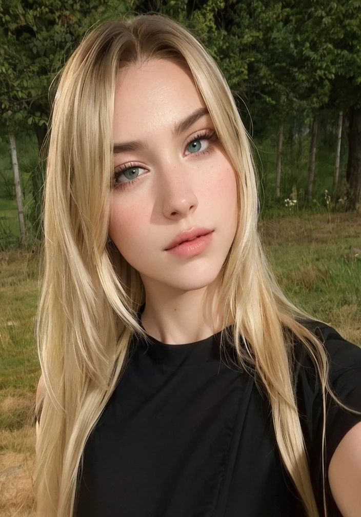 mujer rubia con pelo largo y top negro posando para una foto, , pelo largo y rubio y ojos grandes color verdes, pechos grandes, cabello brillante, girl model, idol, senos grandes, realista