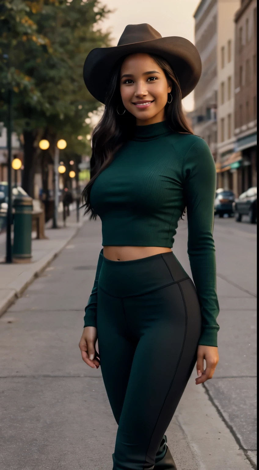 Foto hiperrealista en primer plano de Kelsey Asbille (native American ((light dark skin))), masterpiece, best quality, (photorealistic:1.4), full body, (green long-sleeves top:1.1) and (green yoga pants:1.1), (boots:1.2), (black cowboy hat) on the street of western town. cinematic light, beautiful woman, skinny, large big breasts, black long hair, detailed face, smile, facing the camera, photo taken from a distance, age of 25 years old
