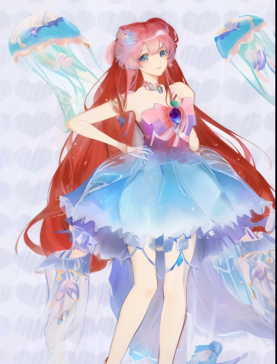 wearing blue dress、Anime girl with jelly and fish, Cute anime waifu wearing beautiful clothes, my dress up darling anime, anime princess, Smile like a fairy king, Beautiful anime character design, Beautiful anime art style, Hino Rei as princess, Ethereal animation, Beautiful anime style, fantasy style anime, magic dress, !!full body portrait!!