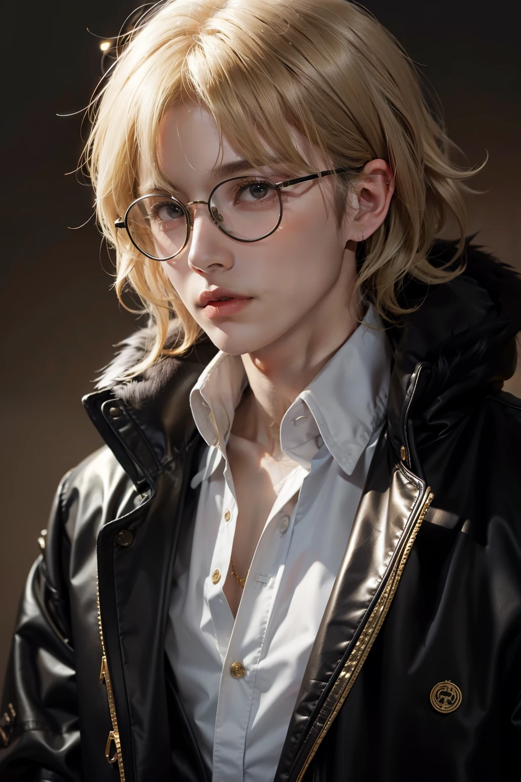 1boy, messy wavy-hair, round glasses, gold blonde-haired, black coat, short hair