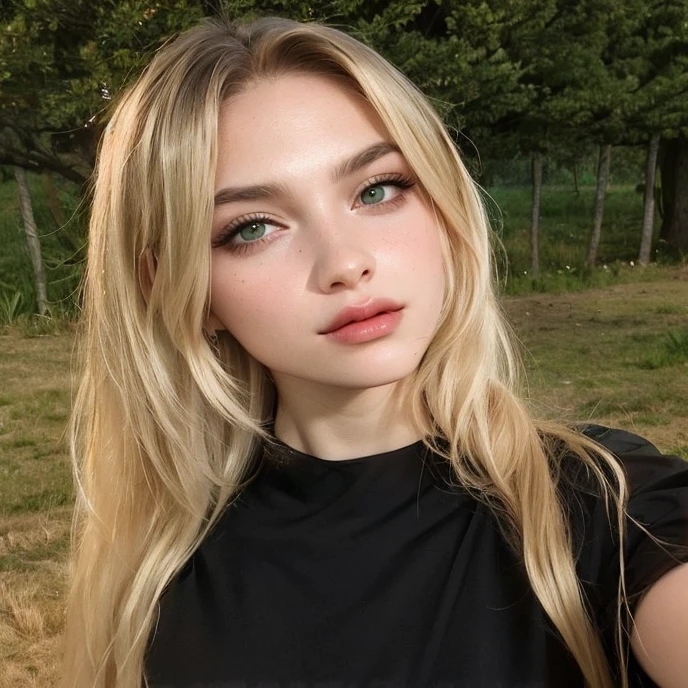 mujer rubia con pelo largo y top negro posando para una foto, , pelo largo y rubio y ojos grandes color verdes, pechos grandes, cabello brillante, girl model, idol, senos grandes, realista