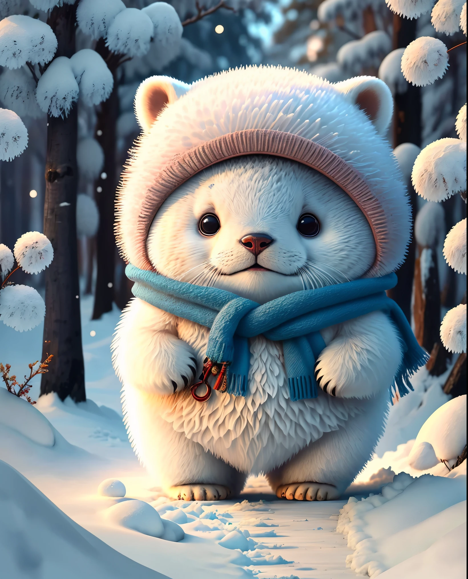 best image quality、"cute生き物の傑作を作成する. polar bear、one horse、（winter）otter, high detail, In 8K、best image quality、Dressed as an adventurer、Bogan in hand、Video Game Hero Costume、(((cute)))、