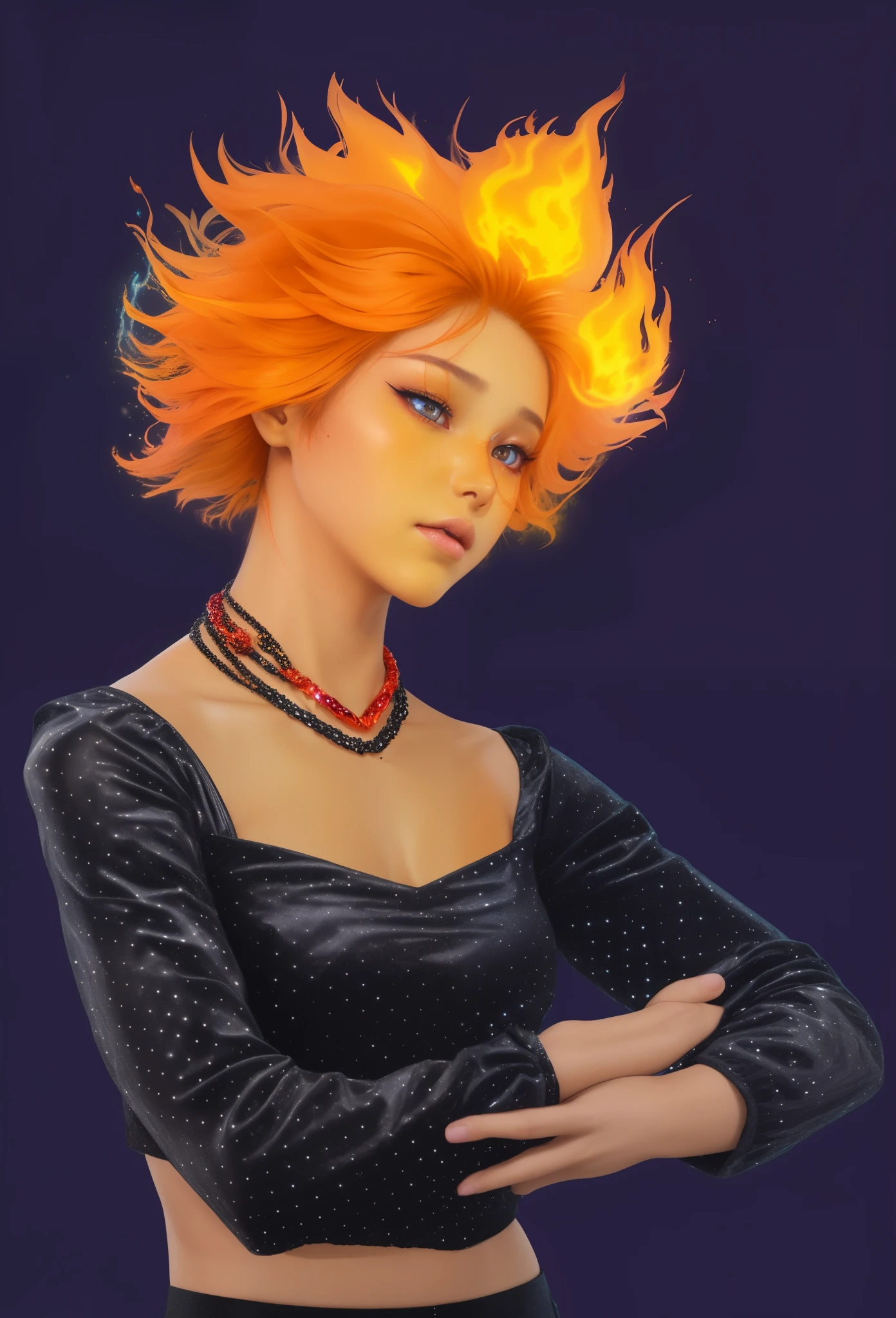 there is a beautiful girl with (elemental fire flame hair:1.2), black squared pattern top, reflective glossy clothes, inspired by Russell Dongjun Lu, flume, 3 d render, highly detailed vfx portrait, made entirely from gradients, highly detailed vfx portrait, ryan glitter concept artist, jen bartel, joel fletcher, hyper realistic color photo, (fire girl orange skin 1.2)