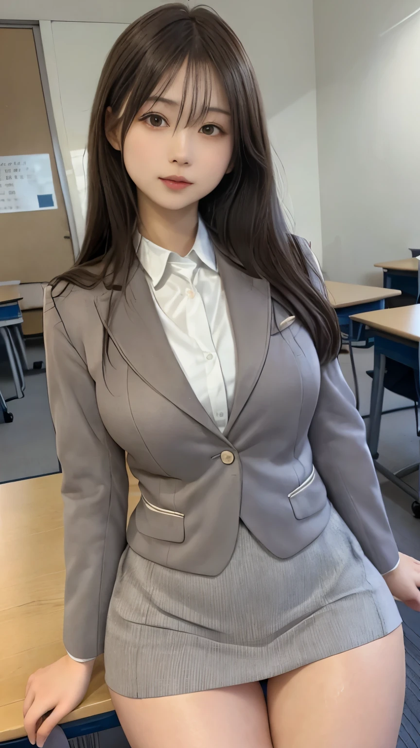 japanese woman，Thick legs，plump body，mature，Suit，miniskirt，jk，student uniform，Showing thighs，Sit on your desk，In classrooms，thigh gap