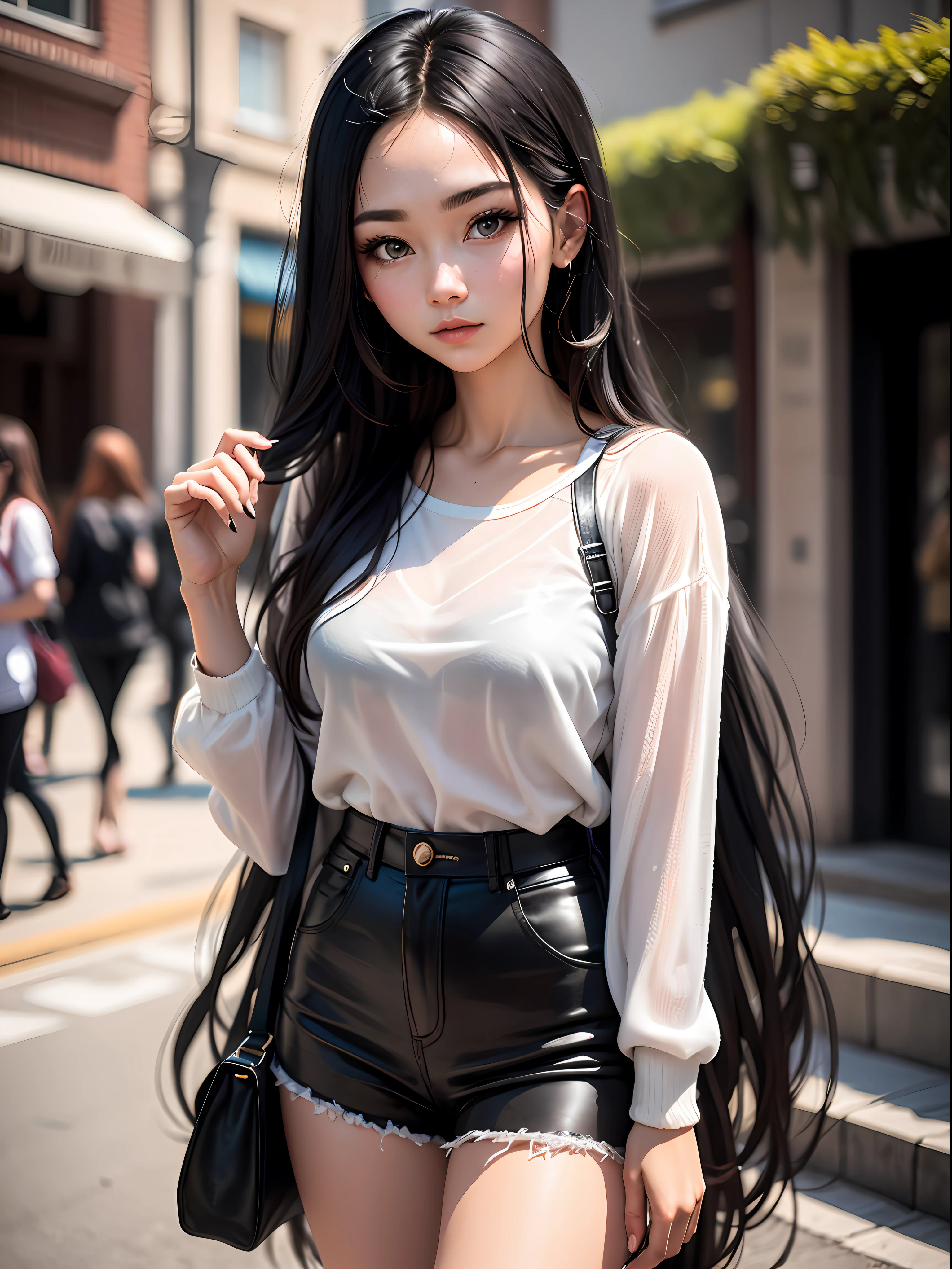 Young woman 25 years old: 1.3, Long black hair: 1.2, Casual wear: 1.2, Daytime: 1.2, On the street: 1.2, Film lighting, Surrealism, UHD, ccurate, Super detail, textured skin, High detail, Best quality, 8k