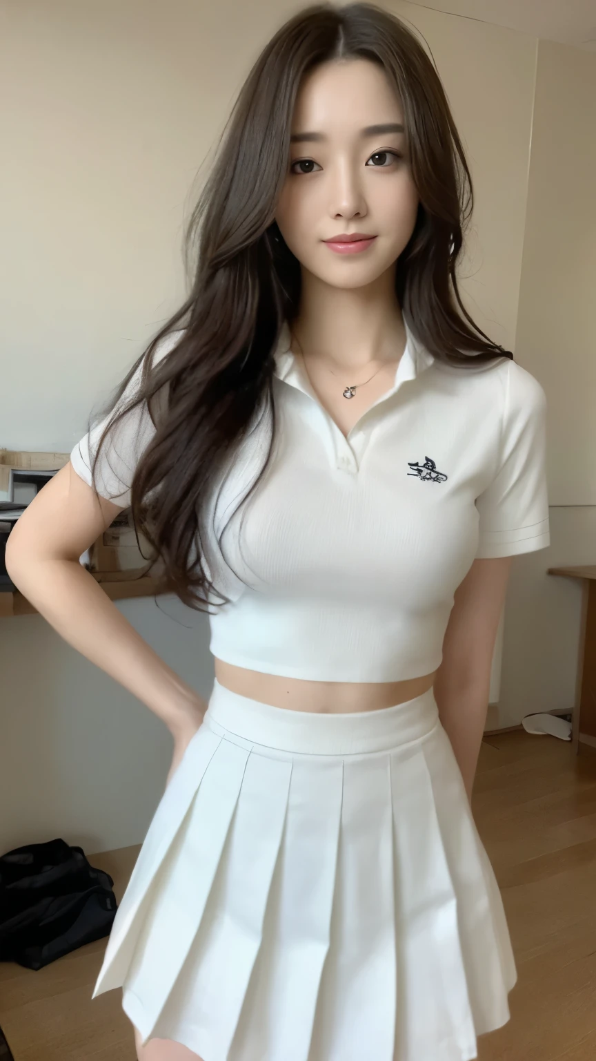 ((top-quality、8k、masterpiece:1.3))、Beautiful woman with perfect body:1.4、slim abdomen:1.2、Longhair, normal breast, Highly detailed facial and skin texture, A detailed eye, delicate eyes, (smile), (full body shot), ((classroom)), (standing), (((wearing white uniform with white skirt))), looking in front