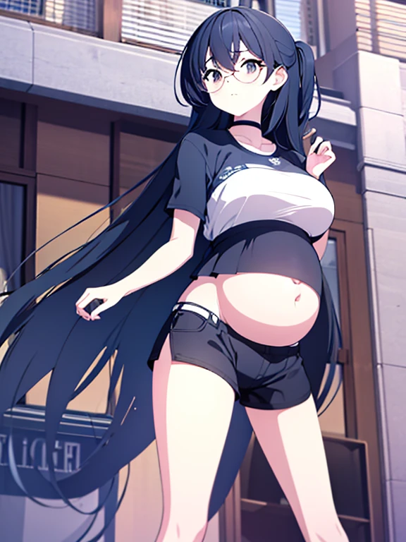 (Very high quality, detailed, masterpiece) An image of a full body pregnant girl with a round belly, long hair, very big breaats. She's standing barefoot with her hands on her belly. She's wearing a crop top, very thight shorts and glasses.