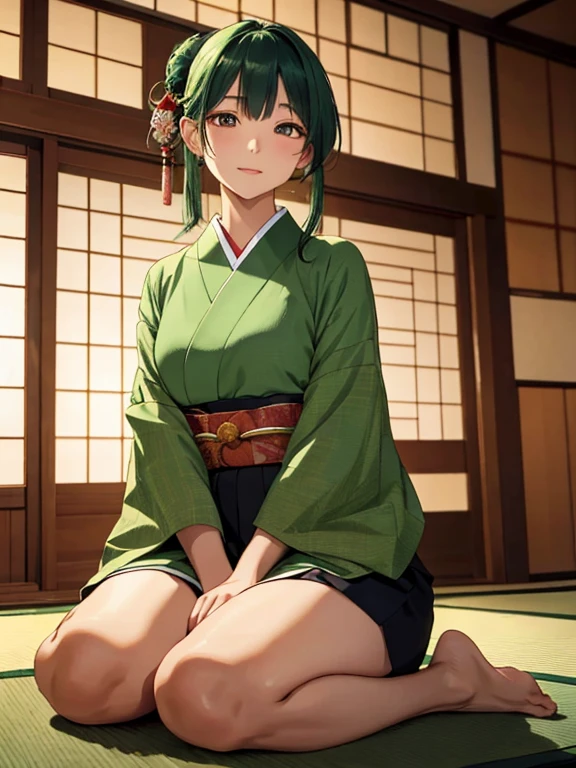 Masterpiece, top quality, high resolution, 50-year-old beautiful woman, sitting gracefully on a traditional tatami mat, vibrant and lustrous bright green hair flowing behind her. Her bangs are elegantly raised and tied up, framing her face with a hint of allure. The soft evening light of dusk gently illuminates the scene as she adorns herself in a Japanese outfit, which tastefully blends traditional elements with a touch of modernity, subtly revealing her captivating beauty. The ambiance of a cozy room within a traditional Japanese inn surrounds her, as she gazes upwards with sharp, expressive eyes that reflect wisdom and confidence. With her forehead exposed, she exudes a sense of sophistication and maturity, embodying the essence of a cool and