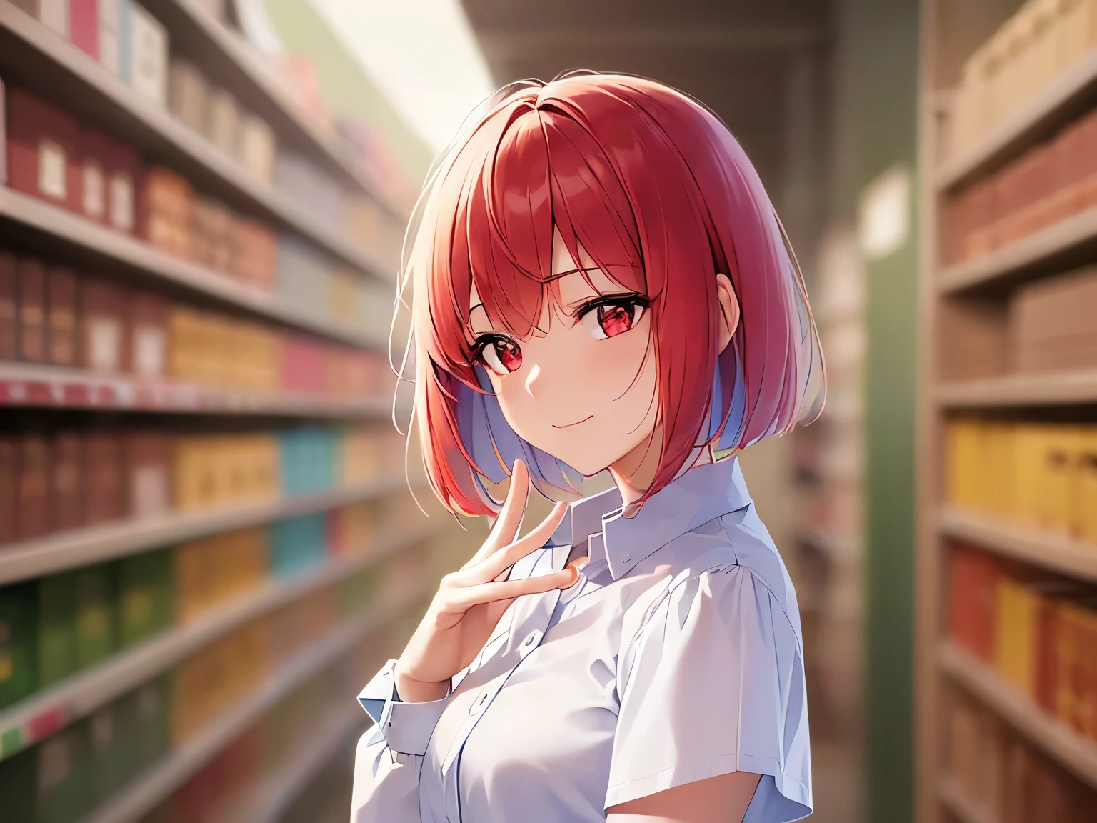 (looking away:1.5), Placing hand on face, upper body, Realistic, real person, RAW photo, photorealistic, portrait photography, shiny skin, japanese idol, (red hair bob cut:1.5), (25 year old woman with red eyes:1.5)、 (wearing a white collarless blouse:1.5)、A shy and smiling expression、blush, Supermarket background、Alone、