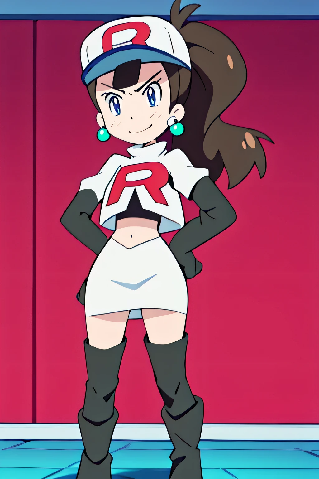 pokemonhilda, blue eyes, brown hair, long hair, ponytail, baseball cap, earrings, glossy lips ,team rocket uniform, red letter R, white skirt,white crop top,black thigh-high boots, black elbow gloves, evil smile, hands on hipsteam rocket uniform, red letter r, white skirt,white crop top,black thigh-high boots, black elbow gloves, glaring angrily, looking at viewer, hands on hips, full body seen