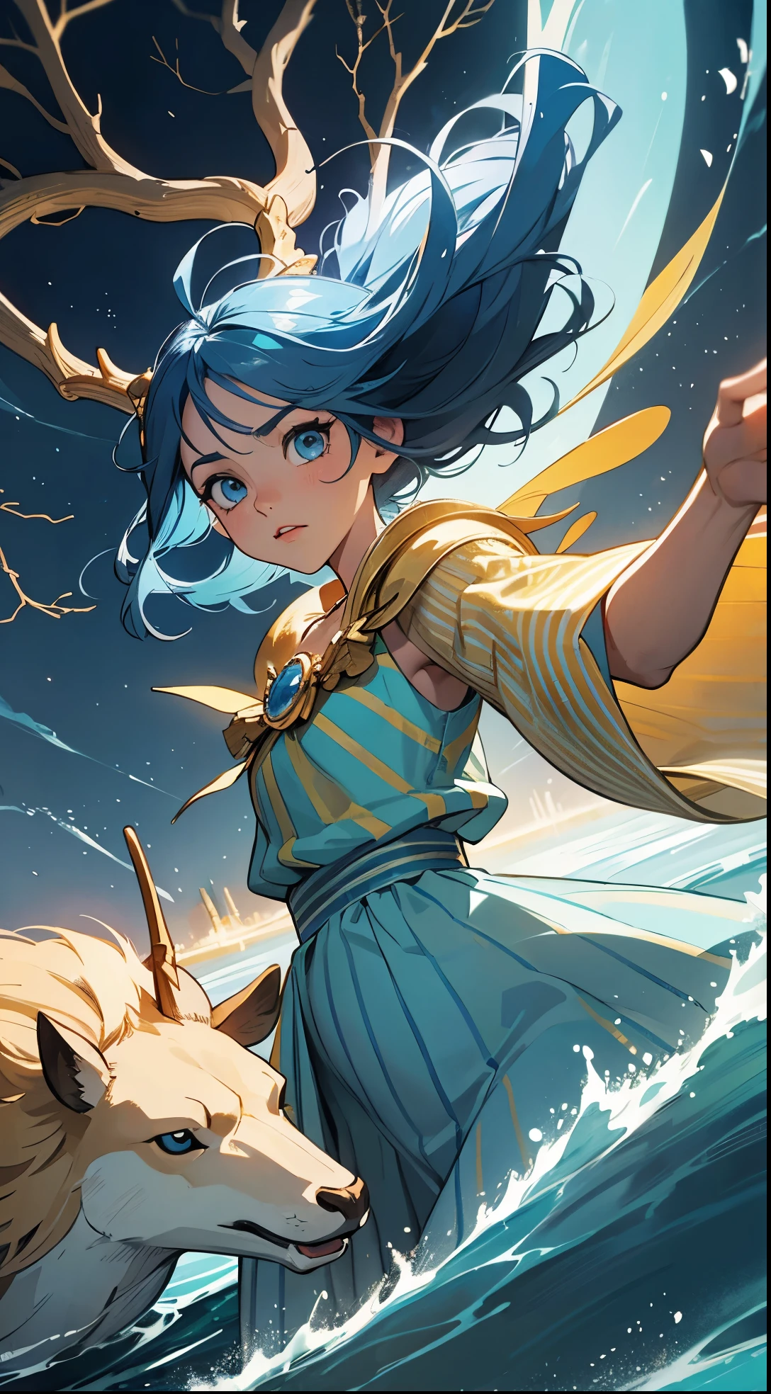 Anime, cinematic compositiom, dramatic pose,golden deer horn, 1girl,blue striped clothes, river backround, fairy vibe, blue short and top, blue lond straight hair, blue eyes,tan skin