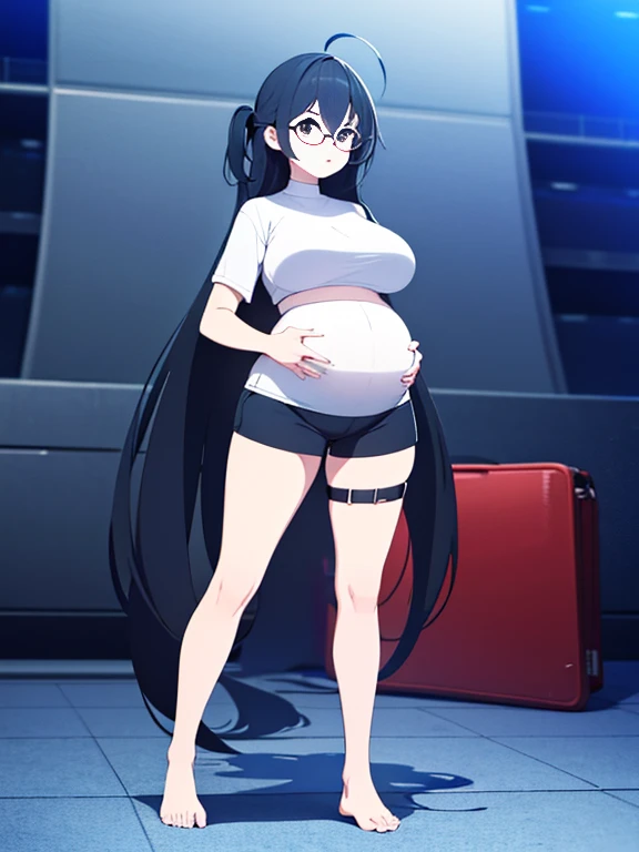 (Very high quality, detailed, masterpiece) An image of a full body pregnant girl with a round belly, long hair, very big breaats. She's standing barefoot with her hands on her belly. She's wearing a crop top, very thight shorts and glasses.