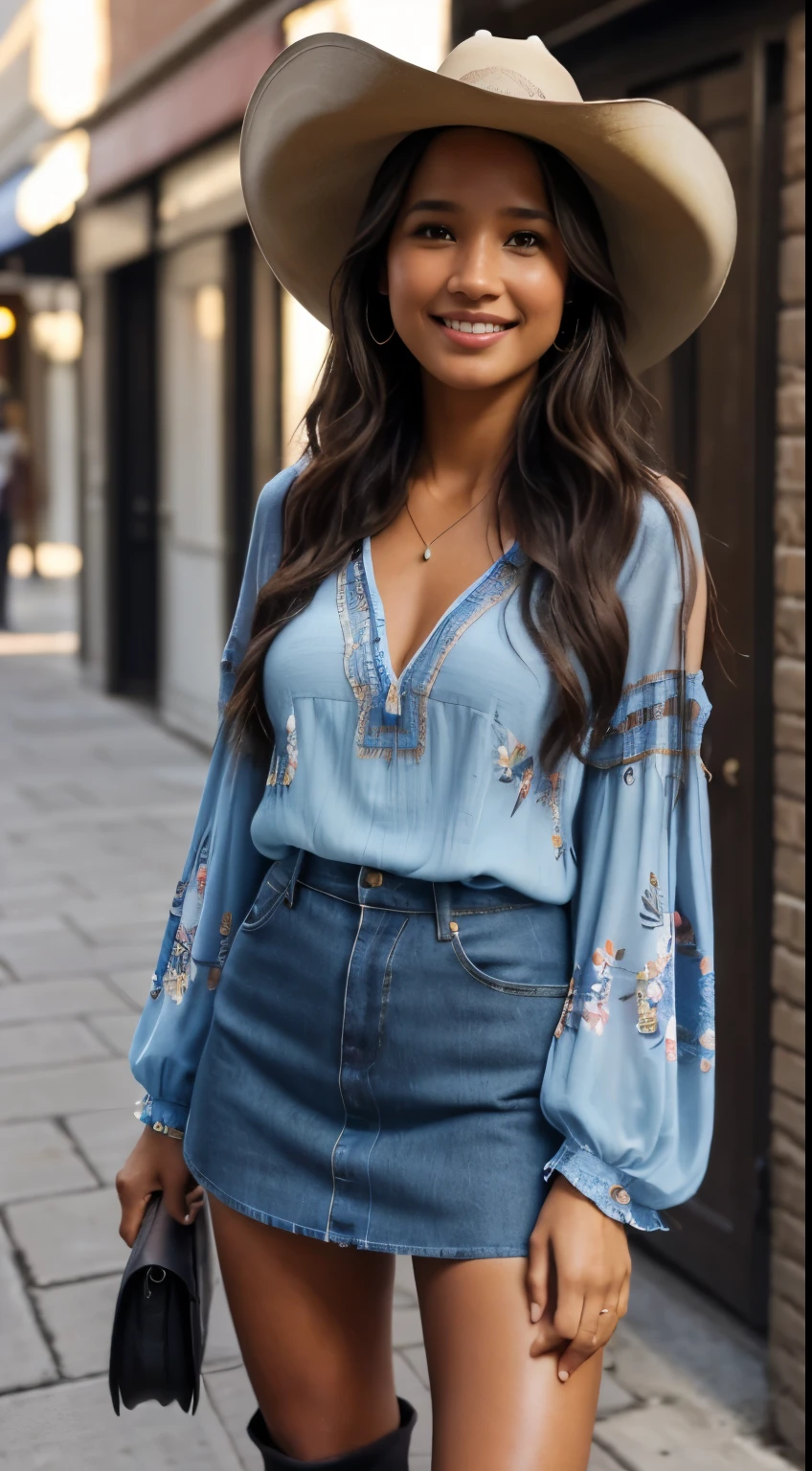 Foto hiperrealista en primer plano de Kelsey Asbille (native American ((light dark skin))), masterpiece, best quality, (photorealistic:1.4), full body, (blue Casual Boho Floral Blouse Shirts V Neck Long Puff Sleeve Lightweight Chiffon:1.2), (blue mini skirt:1.1), (boots:1.2), (black cowboy hat) on the street of western town. cinematic light, beautiful woman, skinny, large big breasts, black long hair, detailed face, smile, facing the camera, photo taken from a distance, age of 25 years old