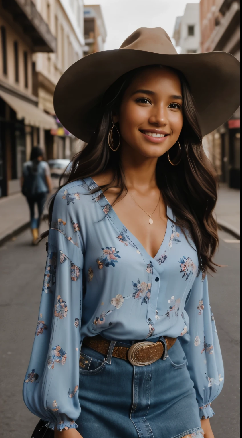 Foto hiperrealista en primer plano de Kelsey Asbille (native American ((light dark skin))), masterpiece, best quality, (photorealistic:1.4), full body, (blue Casual Boho Floral Blouse Shirts V Neck Long Puff Sleeve Lightweight Chiffon:1.2), (blue mini skirt:1.1), (boots:1.2), (black cowboy hat) on the street of western town. cinematic light, beautiful woman, skinny, large big breasts, black long hair, detailed face, smile, facing the camera, photo taken from a distance, age of 25 years old