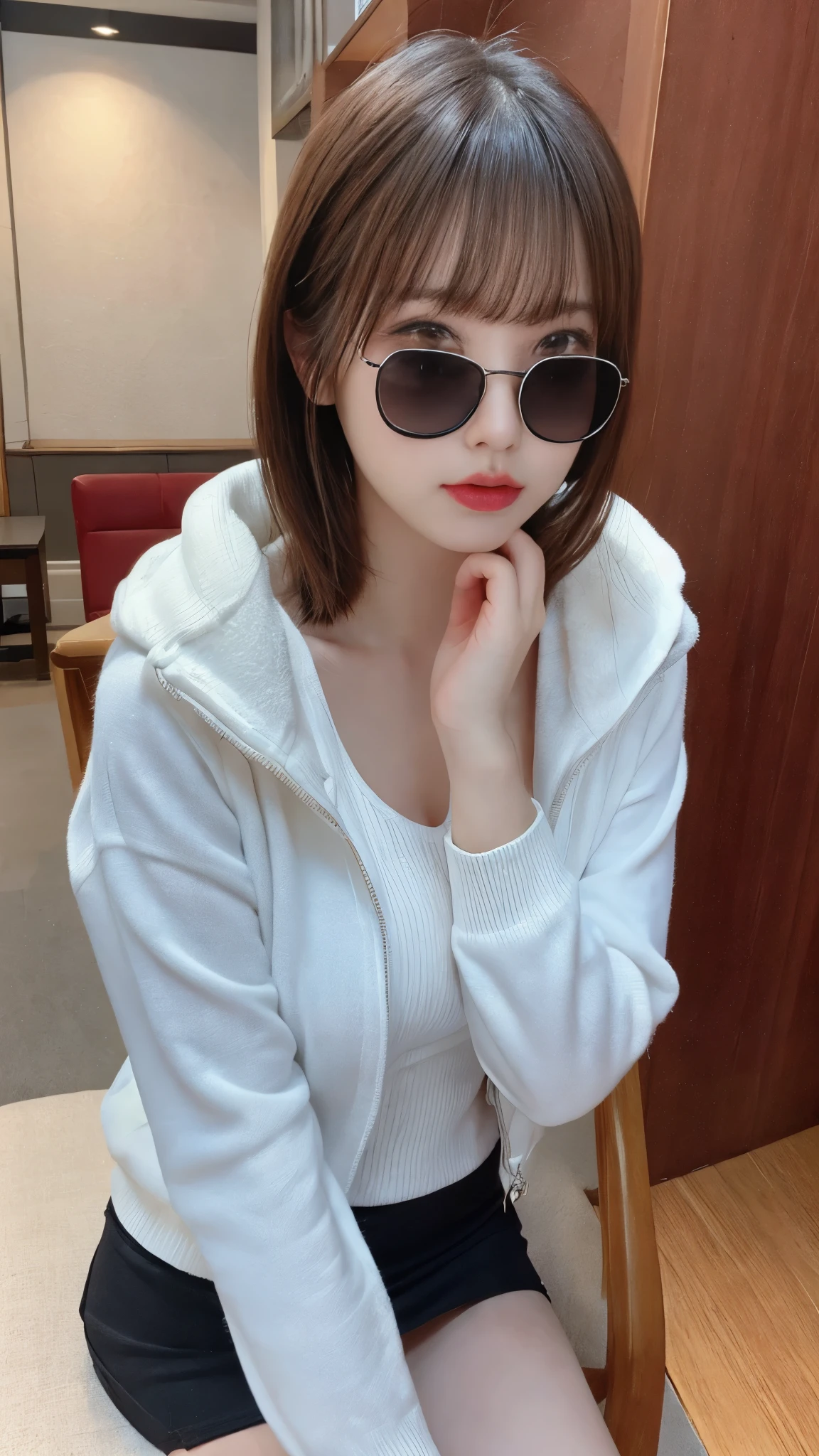 table top, highest quality, figure, super detailed, finely, High resolution, 8k wallpaper, 完璧なダイナミックな構figure, beautiful and fine eyes, woman's fashion fluffy winter clothes,Wearing sunglasses,medium hair,small breasts natural color lip, bold sexy pose、20 year old girl、cute、sexy shot looking at camera,RAW photo,anatomically correct body,blur the background,perfect and beautiful face,KPOP idol face,Slim face and body、Wearing a black miniskirt,Wearing black high heels,sitting in a chair,