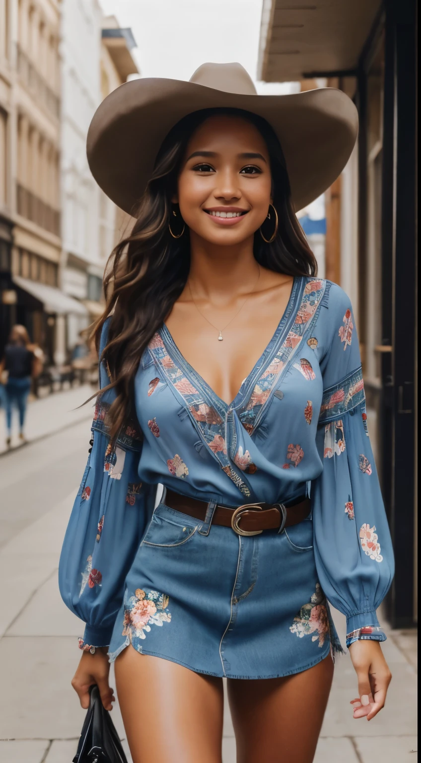 Foto hiperrealista en primer plano de Kelsey Asbille (native American ((light dark skin))), masterpiece, best quality, (photorealistic:1.4), full body, (blue Casual Boho Floral Blouse Shirts V Neck Long Puff Sleeve Lightweight Chiffon:1.2), (blue mini skirt:1.1), (boots:1.2), (black cowboy hat) on the street of western town. cinematic light, beautiful woman, skinny, large big breasts, black long hair, detailed face, smile, facing the camera, photo taken from a distance, age of 25 years old