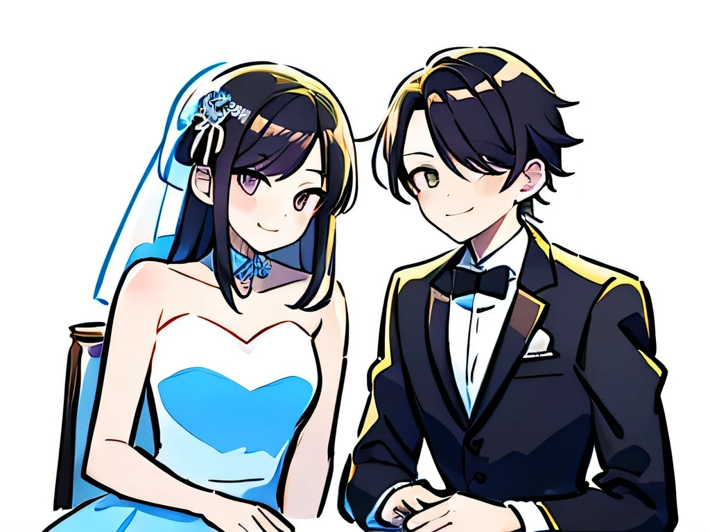 Illustration of a boy wearing a tuxedo sitting besides a girl wearing a white wedding dress in photobooth, girl is smiling,