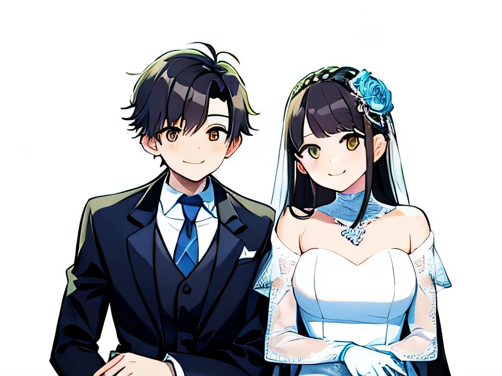 Illustration of a boy wearing a tuxedo sitting besides a girl wearing a white wedding dress in photobooth, girl is smiling,