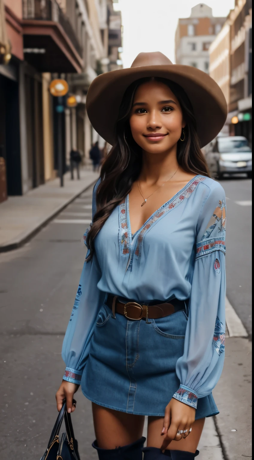 Foto hiperrealista en primer plano de Kelsey Asbille (native American ((light dark skin))), masterpiece, best quality, (photorealistic:1.4), full body, (blue Casual Boho Floral Blouse Shirts V Neck Long Puff Sleeve Lightweight Chiffon:1.2), (blue mini skirt:1.1), (boots:1.2), (black cowboy hat) on the street of western town. cinematic light, beautiful woman, skinny, large big breasts, black long hair, detailed face, smile, facing the camera, photo taken from a distance, age of 25 years old