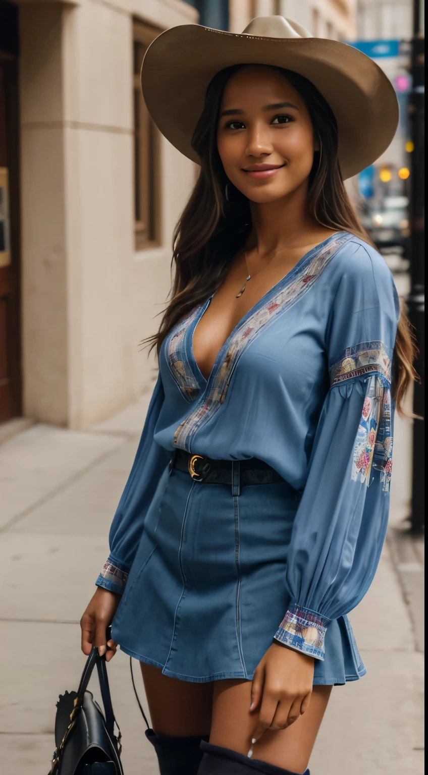 Foto hiperrealista en primer plano de Kelsey Asbille (native American ((light dark skin))), masterpiece, best quality, (photorealistic:1.4), full body, (blue Casual Boho Floral Blouse Shirts V Neck Long Puff Sleeve Lightweight Chiffon:1.2), (blue mini skirt:1.1), (boots:1.2), (black cowboy hat) on the street of western town. cinematic light, beautiful woman, skinny, large big breasts, black long hair, detailed face, smile, facing the camera, photo taken from a distance, age of 25 years old