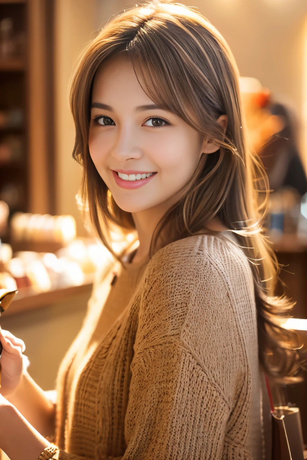 (light brown hair girl,shopping),painting,Aesthetic details,High resolution,super detailed,realistic,portrait,warm color palette,soft lighting、smile gently