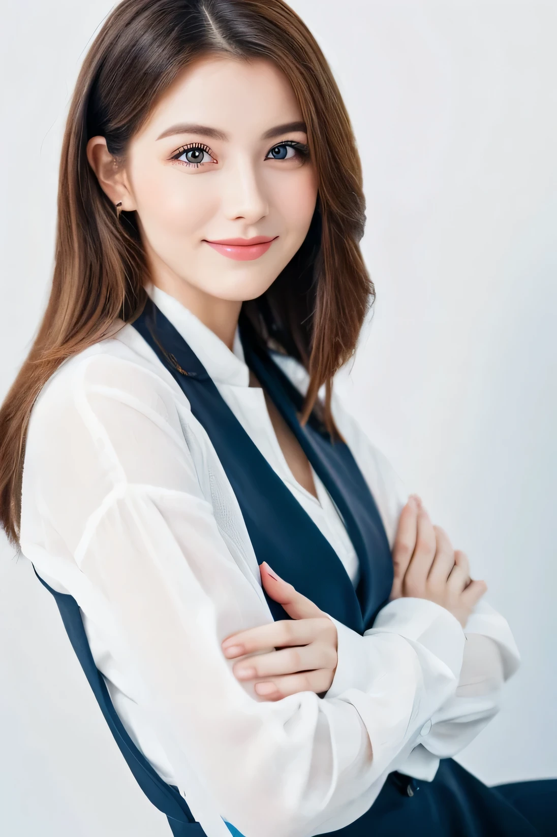A 20-year-old Russian professional woman,Exudes mature and confident charm in a professional photo on a white background.