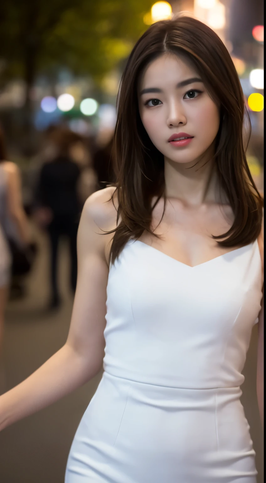 ((Realistic lighting, Best quality, 8K, Masterpiece: 1.3)), Focus: 1.2, 1girl, Perfect Figure: 1.4, Slim Abs: 1.1, ((Dark brown hair)), (White dress: 1.4), (Outdoor, Night: 1.1), City streets, Super fine face, Fine eyes, Double eyelids,