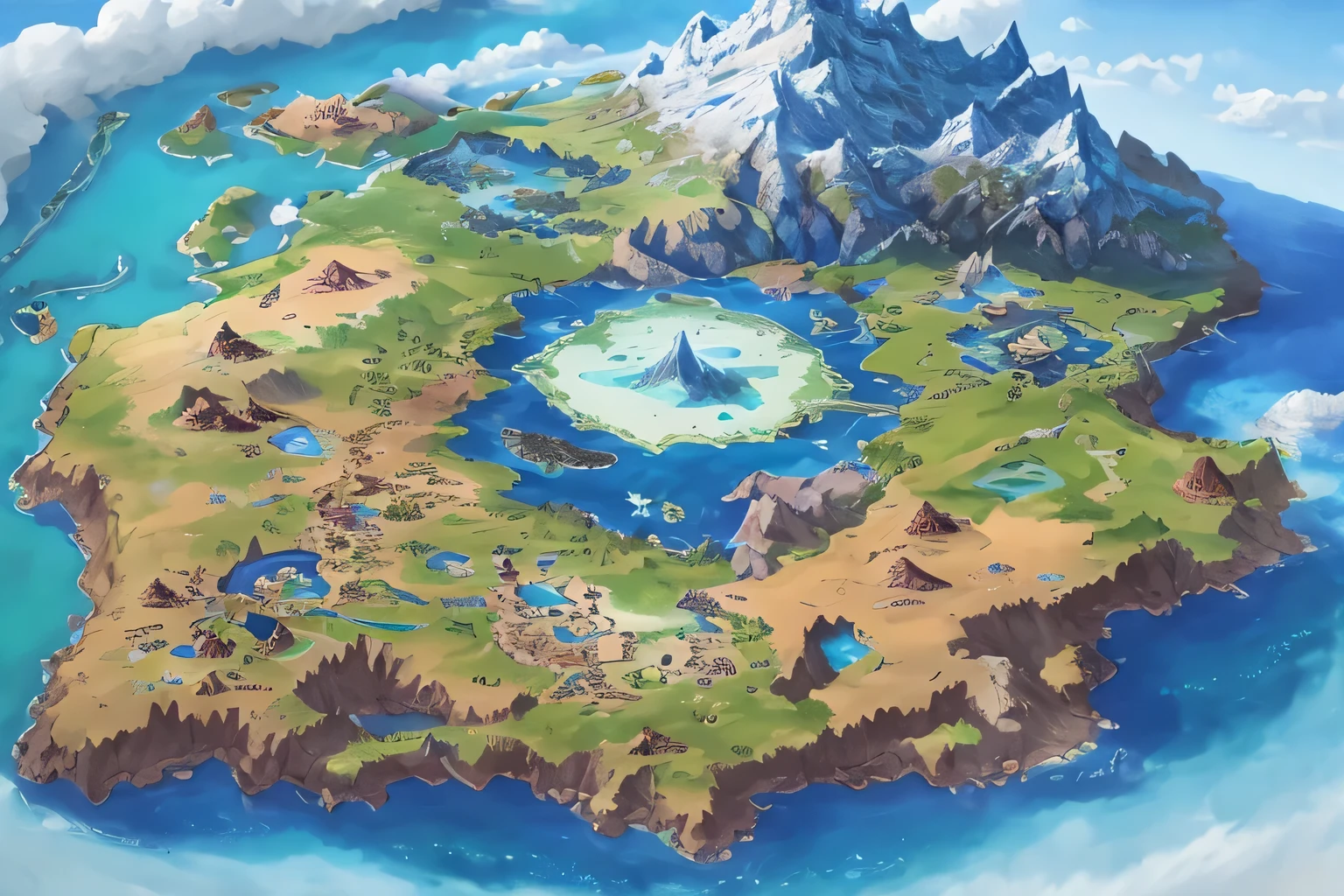Close-up of a map of a mountain with a lake, fantasy world map, Fantasy world concept, final fantasy vll world concept, Colorful concept art, Zelda breath of the wild map, kingdom hearts worlds, official concept art, Pokemon Sword and Shield, concept world art, official art, high detailed official artwork, Anime Landscape Concept Art, official artwork