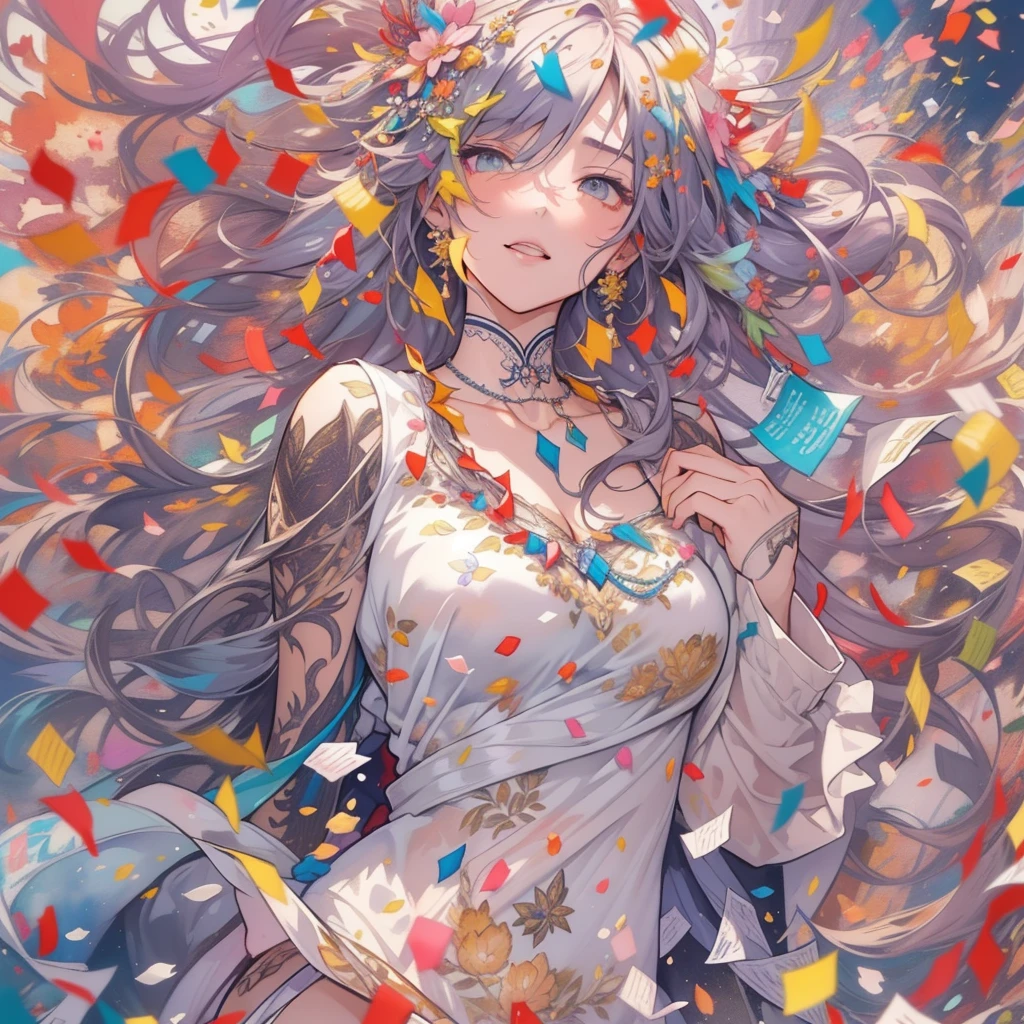 disorganized, Color Style、digital art、official art、blown by the wind、masterpiece、beautiful face、(watercolor painting)、(colorful confetti:1.3)、intricate details、great details, sexy costume