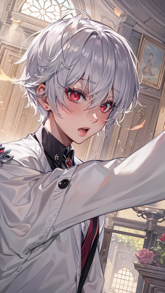(1 silver short hair divine swordman boy, detailed red eyes, 15 yo, very tired serious face, open mouth, in a butler uniform), masterpiece, best quolyty, 8k, beautiful detailed grow, in the simple bedroom.