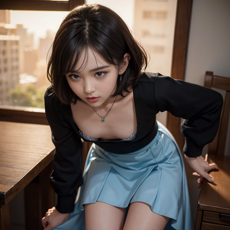 1 girl, downblouse, 15 years old, munechira,(((small breasts))), looking away,leaning forward,bending over desk,signing, birds-eye view shot ,necklace ,in at wedding reception,laughing,long sleeved dress,besides decolated detailed  loose bra within,long skirt, short hair ,8K, Best Quality, Masterpiece, Ultra High Resolution, (Realism: 1.4), Original Photo, (True Skin Texture: 1.3),