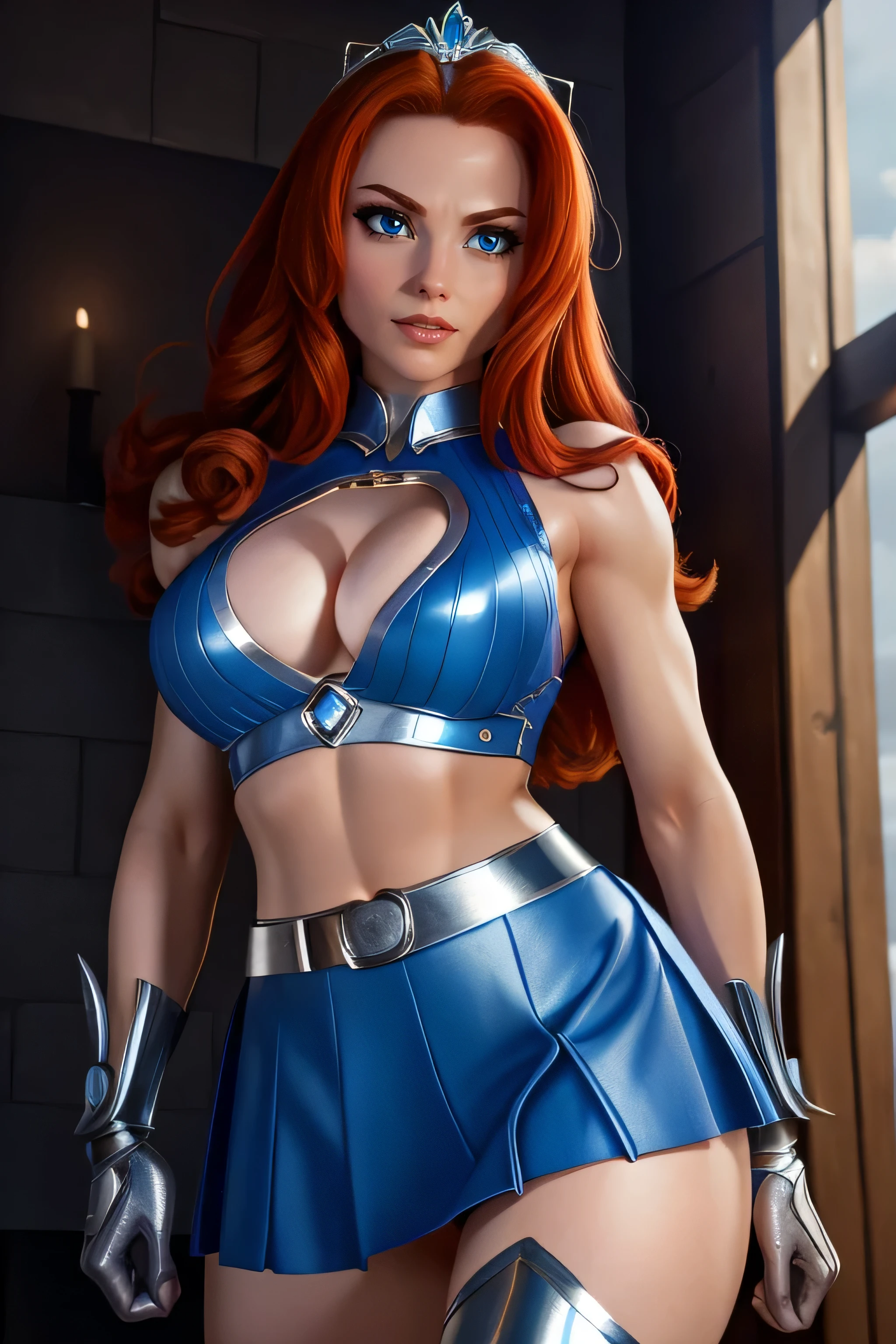 (Masterpiece, 4k resolution, ultra-realistic, very detailed) as a beautiful shy superheroine. red hair blue eyes wears a sleeveless blue midriff shirt with a silver trident, wears a silver tiara on forehead with a blue gem in the center. wears silver bracelets or cuffs with long blue gloves, A blue skirt with a silver belt . wears long blue knee boots portrait photography by artgerm, in the style of realism, glistening skin, cartooncore, mangacore, natural lighting, Defined full lips. fitness feminine body