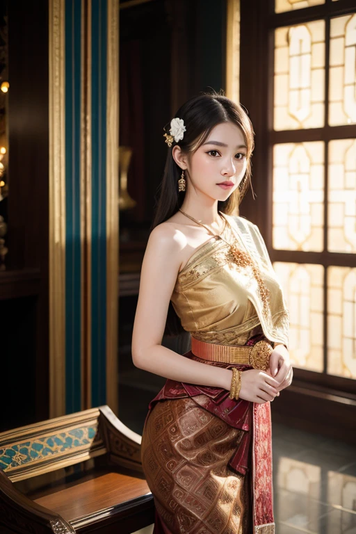 photography realistic, women model large breast, wearing traditional Thai dress Standing in the beautiful atrium with light coming through the glass, (RAW photo:1.2), (photorealistic:1.4), shot by Sony alpha 7 iv, 85mm lens, f/1.4, ISO 100, (masterpiece:1.2), (intricate detailed), (best quality:1.2), (professional photography), (realistic:1.5), (soft light:1.3), (defuse lighting:0.7), (ambient lighting:0.6), (rim lighting,:1.2), fine textures, (depth of field:1.2), (bokeh:1.2), (face focus:1.5), film overlay, film grain,