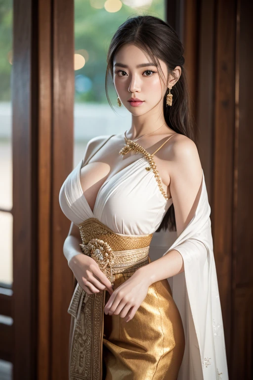 photography realistic, women model large breast, wearing traditional Thai dress Standing in the beautiful atrium with light coming through the glass, (RAW photo:1.2), (photorealistic:1.4), shot by Sony alpha 7 iv, 85mm lens, f/1.4, ISO 100, (masterpiece:1.2), (intricate detailed), (best quality:1.2), (professional photography), (realistic:1.5), (soft light:1.3), (defuse lighting:0.7), (ambient lighting:0.6), (rim lighting,:1.2), fine textures, (depth of field:1.2), (bokeh:1.2), (face focus:1.5), film overlay, film grain,