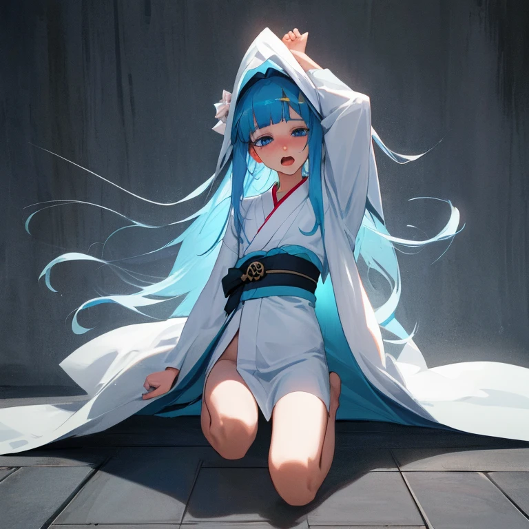 {{{{amazing quality, great quality, high quality, very aesthetic, aesthetic, best quality}}}},
realistic, photo, shadow, Three-dimensional, absurdres, Digital art,
{{{{Magical girl}}}}, beautiful girl, one girl,
light blue hair, long straight hair, hair, trimmed hair, shiny hair, blunt bangs, short sideburns,
blue eyes, tareme,
{{flat chest}}, {{small breasts}}, {{detailed body}}, slim thighs, thin thighs,
{{white mini kimono}}, {{yellow kimono obi}}, {{skull-shaped hair ornament}}, barefoot, Geta for women,
No panties, no bra, spread legs, leg up, leg hold, leg lift, raise both legs, open the thighs, distress, resistance, defeat, inferiority, sexual pleasure, troubled face, shy, orgasm, sensitive body, Screaming, trembling,