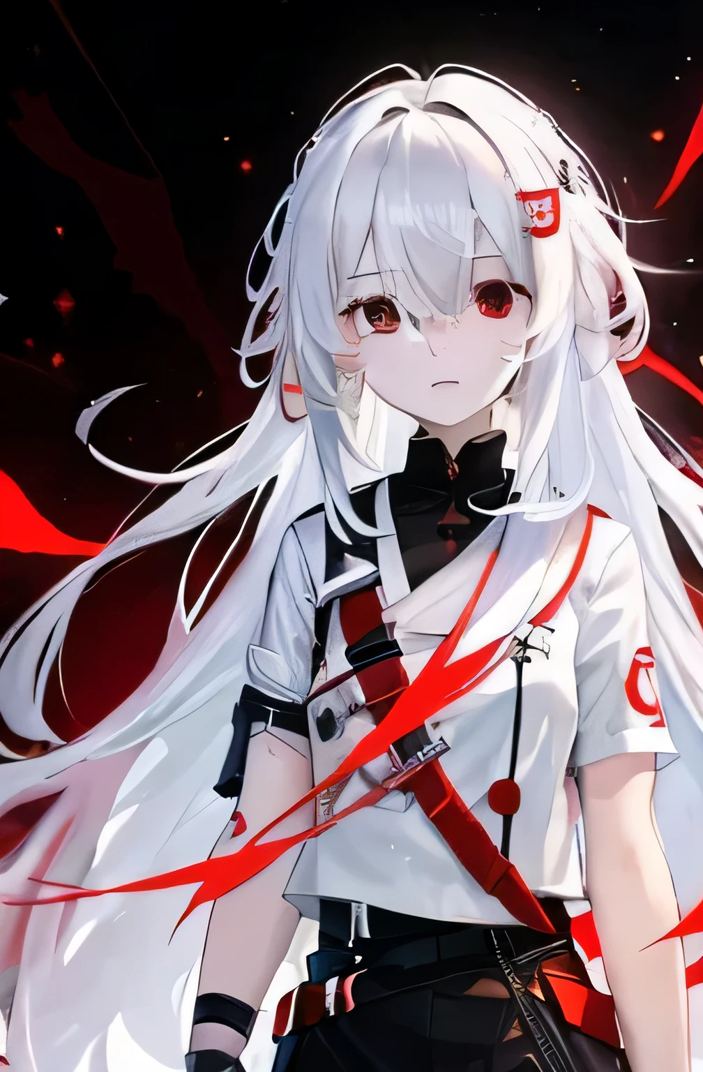 anime girl，long white hair，Red and black clothes, gapmoe Sick, gapmoe Sick grimdark, white hair deity, White-haired, Sick, night nucleus, Fleet collection style, portrait gapmoe Sick grimdark, white hair, girls frontline style, white red, white hair的女孩, 年轻的anime girl, red eyes