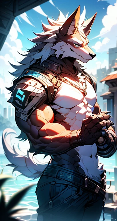 Ciberpunk, oculos de sol, (mechanical lobo claws), long arms, ombros largos, hands with claws, obra de arte, (super detalhado), (antropomorfismo animal), tema gangster, lobo, bonito, sobretudo, luzes fracas, smoke, sombra, Paisagem urbana corrupta, Mais alta qualidade, monofocal, (desnatação: 1.1), Man muscle, corpo todo, Intricado (alto detalhe: 1.1),