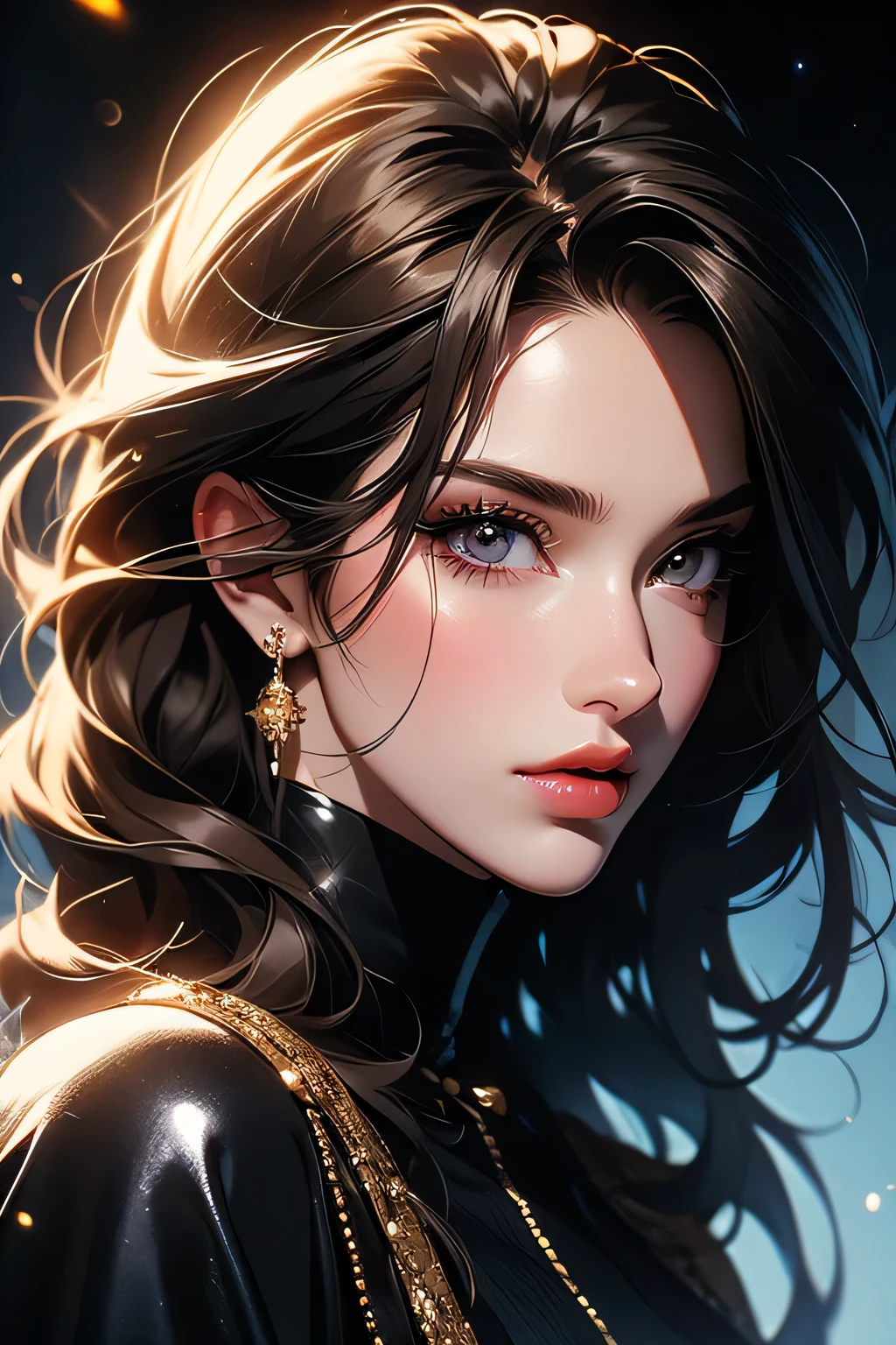 A woman with long hair and a black top is staring at the camera - SeaArt AI