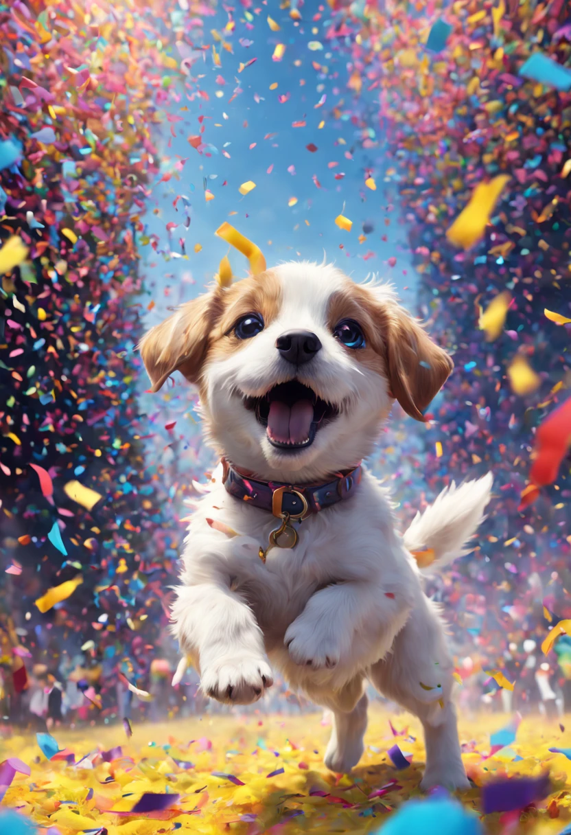 Cute puppy excitedly playing in swirling cloud of colorful confetti at festival, confetti raining down around happy puppy, hyperdetailed, detailed matte painting, Unreal Engine 5, beautiful composition, deep color, fantastical, intricate detail, fantasy concept art, 8k resolution, HD resolution