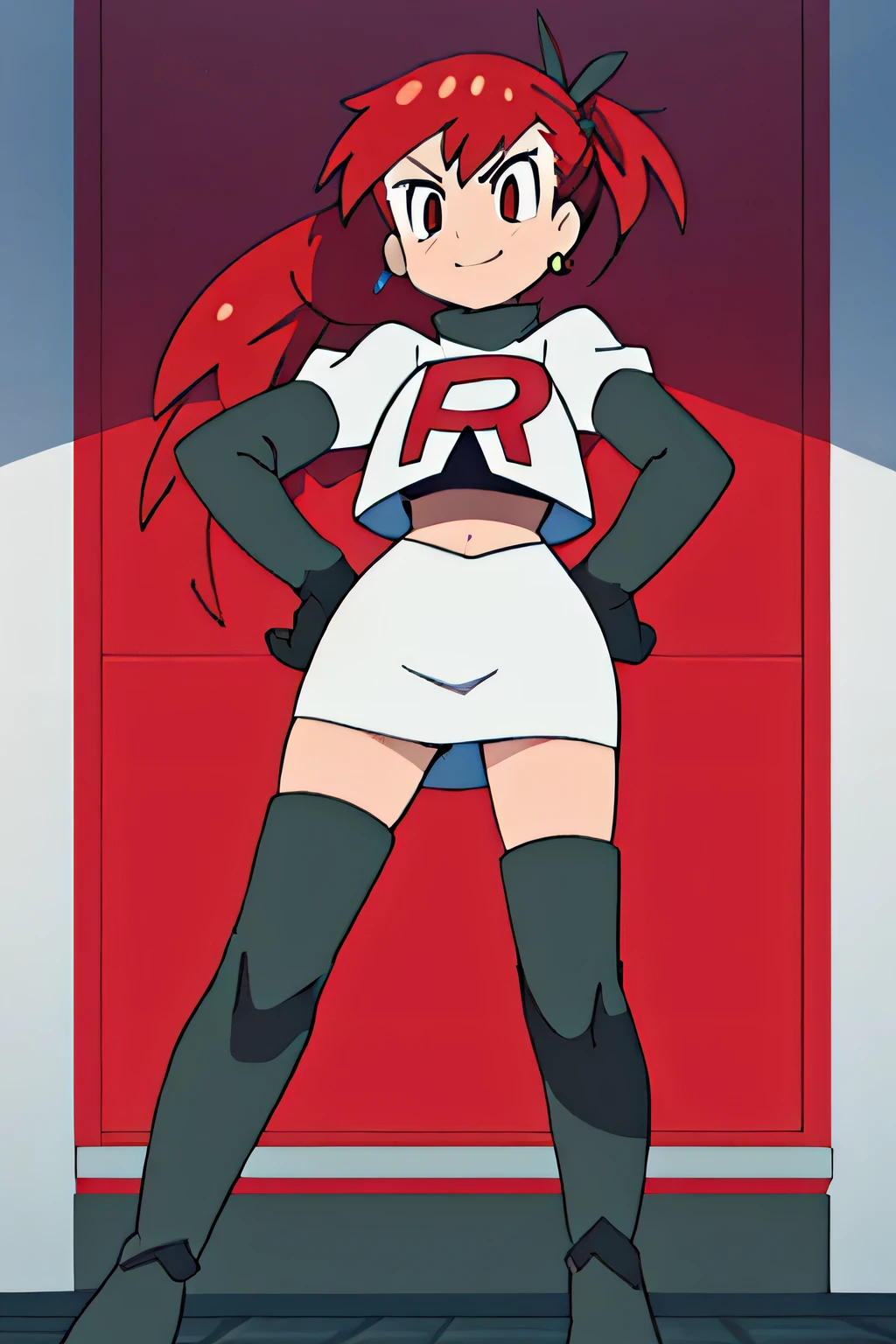 red hair, pony tail, red eyes ,glossy lips, light makeup, eye shadow, earrings ,team rocket,team rocket uniform, red letter R, white skirt,white crop top,black thigh-high boots, black elbow gloves, evil smile, looking down on viewer, arms crossedteam rocket uniform, red letter r, white skirt,white crop top,black thigh-high boots, black elbow gloves, glaring angrily, looking at viewer, hands on hips, full body seen