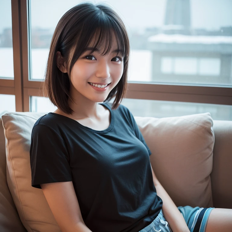 The face of a young Japanese woman smiling slightly while posing like a model by the window. Focal length 100mmf/2.8, early winter night, living room on the upper floor of a tower apartment, plain T-shirt and shorts, close-up of eyes, film quality.