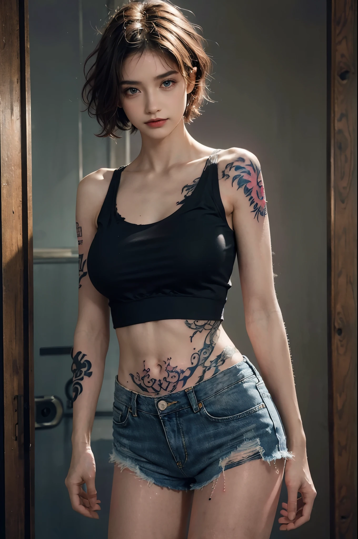 ((Best quality)), ((masterpiece)), (highly detailed:1.3),a woman in white top short black hair, full body tattoo, belly tattooed arms, showing tongue